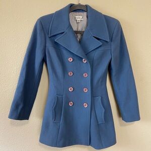 vintage bebe blue pea coat with pink buttons
